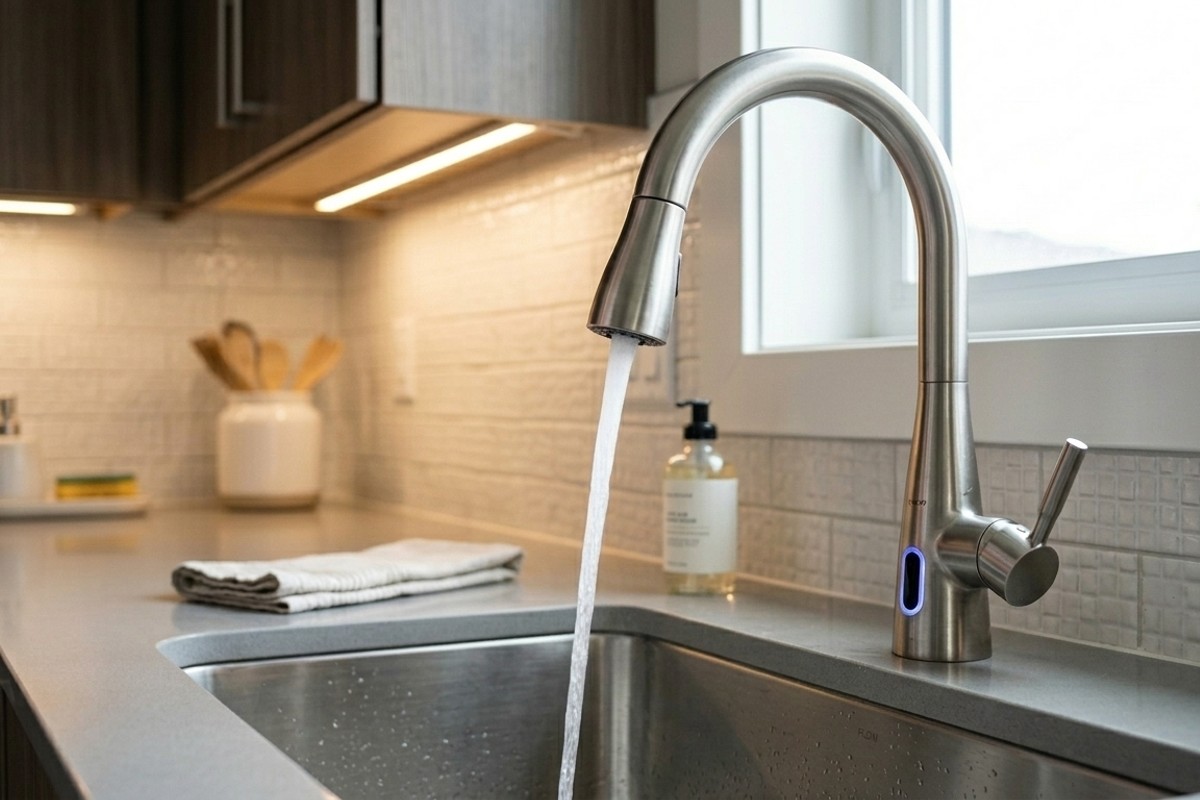Modern kitchen with sensor-activated faucet and motion-sensor cabinet lighting, emphasizing hands-free convenience.