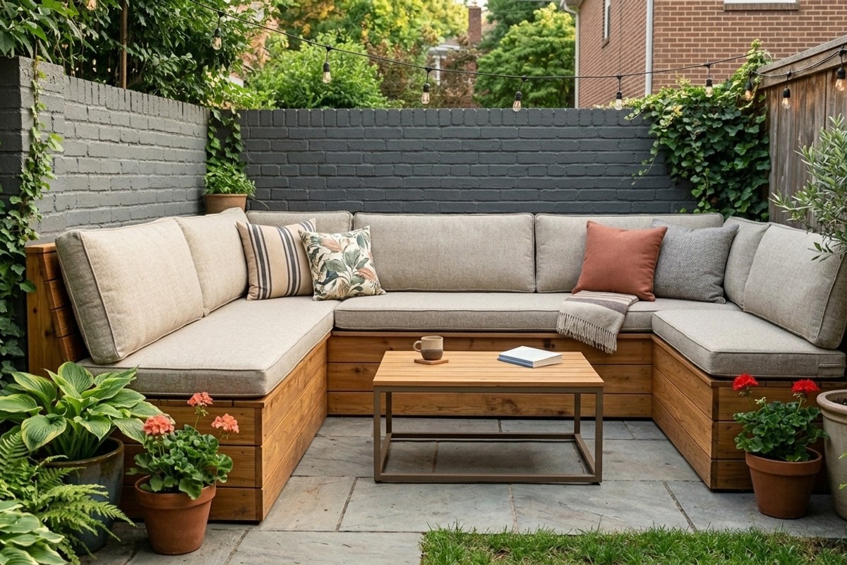 L-shaped built-in bench with hidden storage and Sunbrella cushions