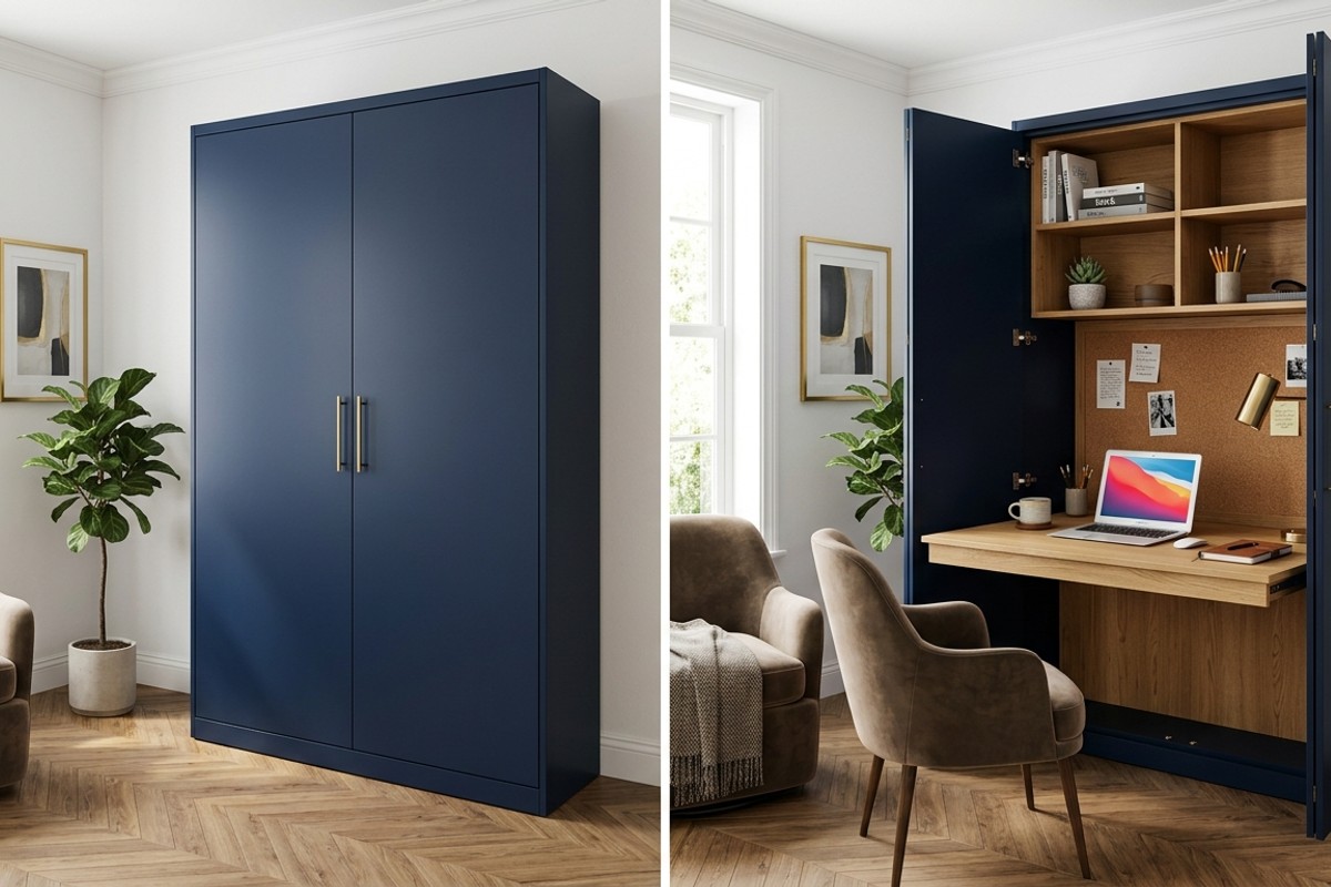 Murphy desk unit in rich navy lacquer, closed as a cabinet and open to reveal a workspace with shelves.
