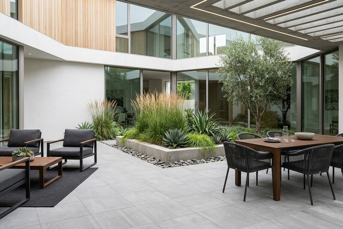 Modern minimalist courtyard with dove gray porcelain pavers, aluminum furniture, and tall grasses
