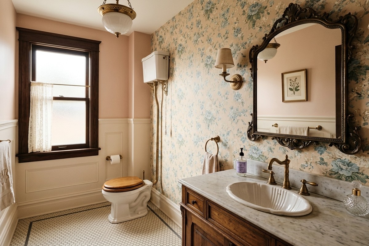 Vintage powder room with hexagon mosaic floor tiles and floral wallpaper