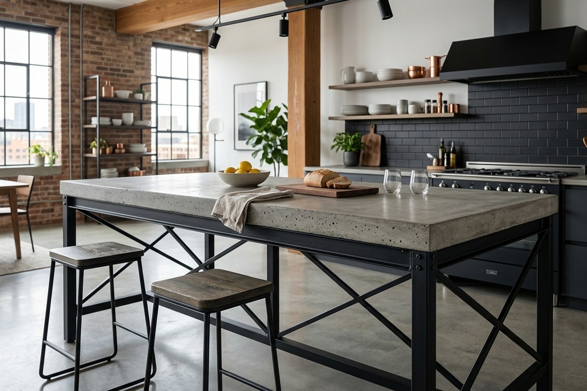 Industrial kitchen island featuring a robust concrete top and exposed matte black steel framing in an urban setting.