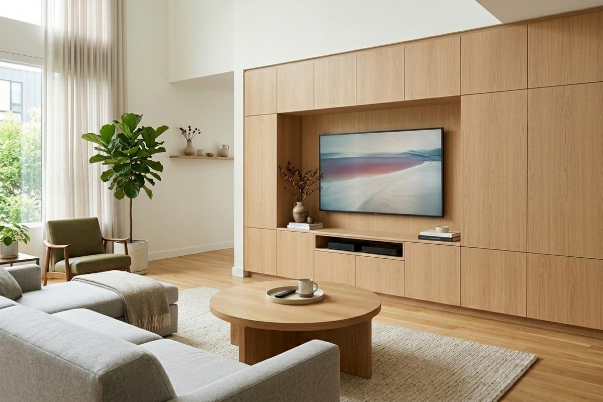 Modern living room with custom built-in cabinetry and lift-top storage ottomans for hidden organization