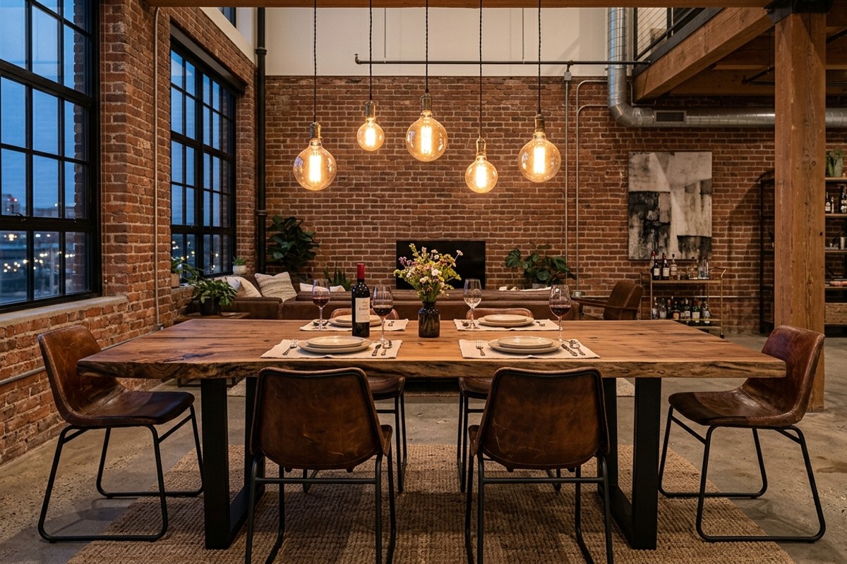 Industrial chic dining room with live-edge walnut table, distressed leather chairs, exposed brick walls, and Edison bulb lighting.