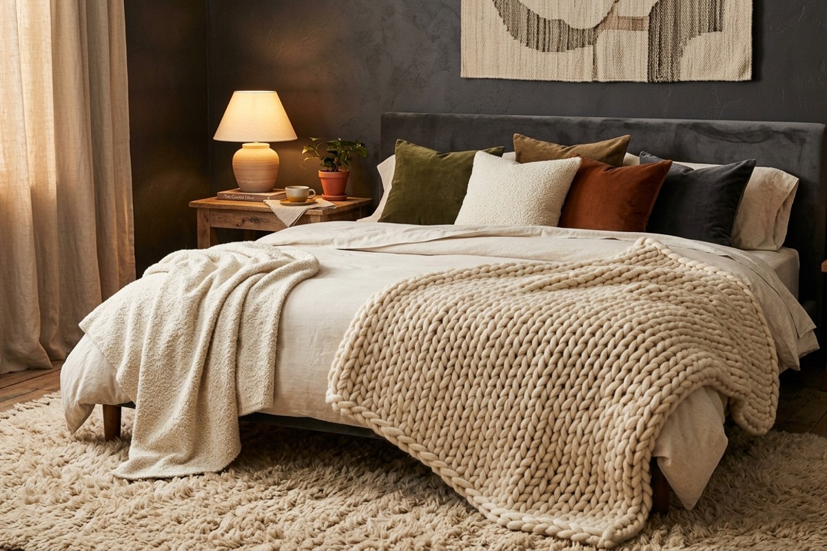 Cozy bedroom with organic cotton sheets, chunky knit blanket, bouclé throws, and wool rug.