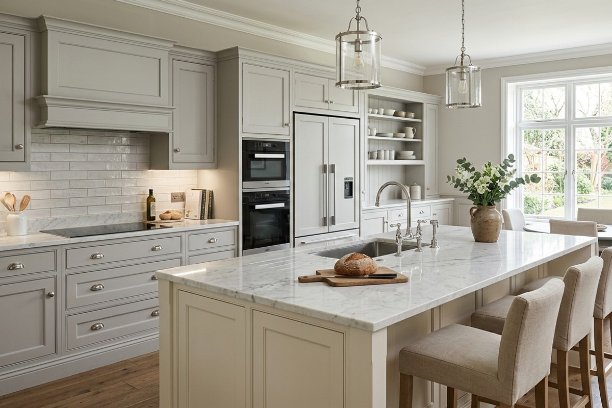 Modern traditional kitchen with soft grey cabinets, Calacatta marble, and polished chrome faucet