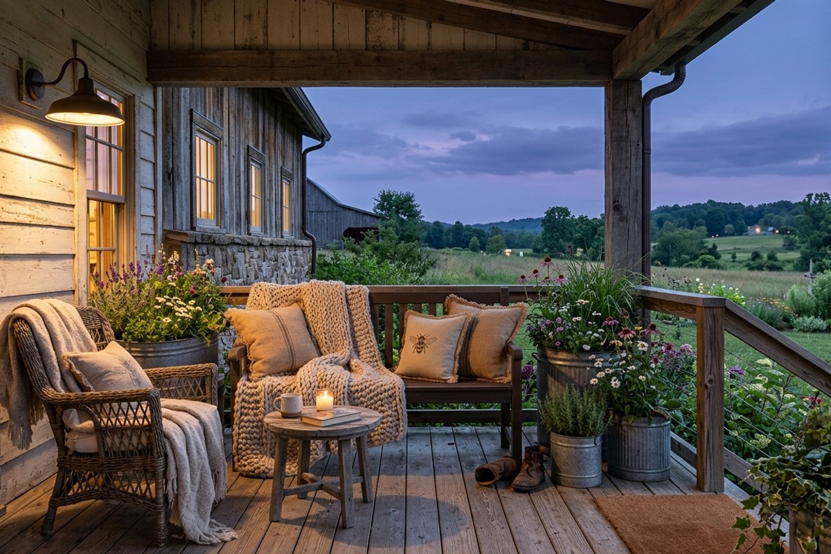 Rustic farmhouse porch with knit throws, burlap pillows, galvanized planters, and a barn-style sconce.