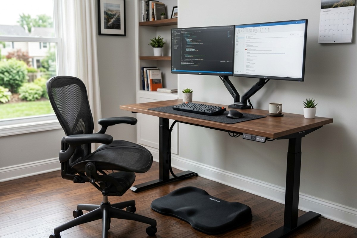 Ergonomic home office with height-adjustable walnut standing desk, office chair, and monitors on arm mounts for good posture.