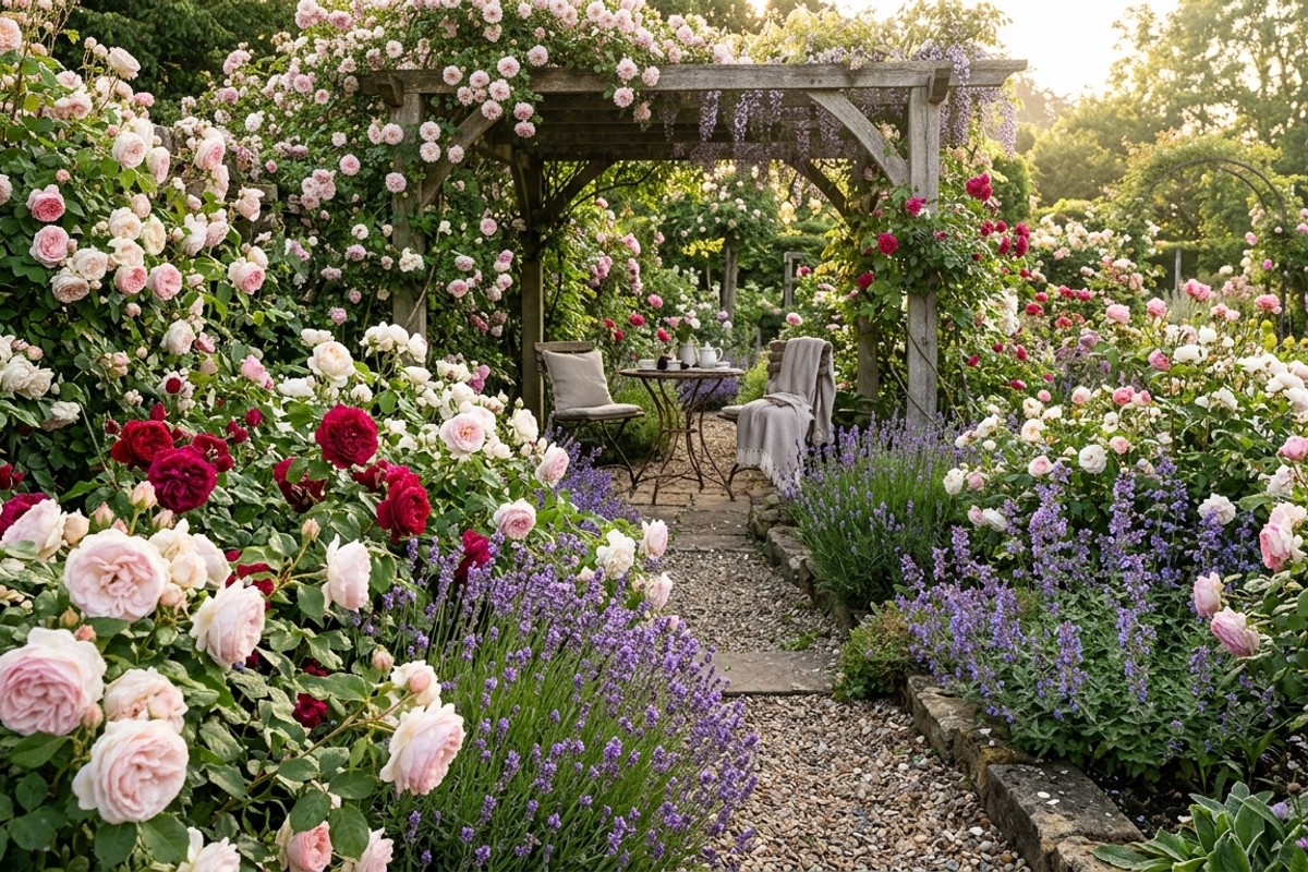 Romantic rose garden with blush pink, creamy white, and deep crimson heirloom roses and lavender.