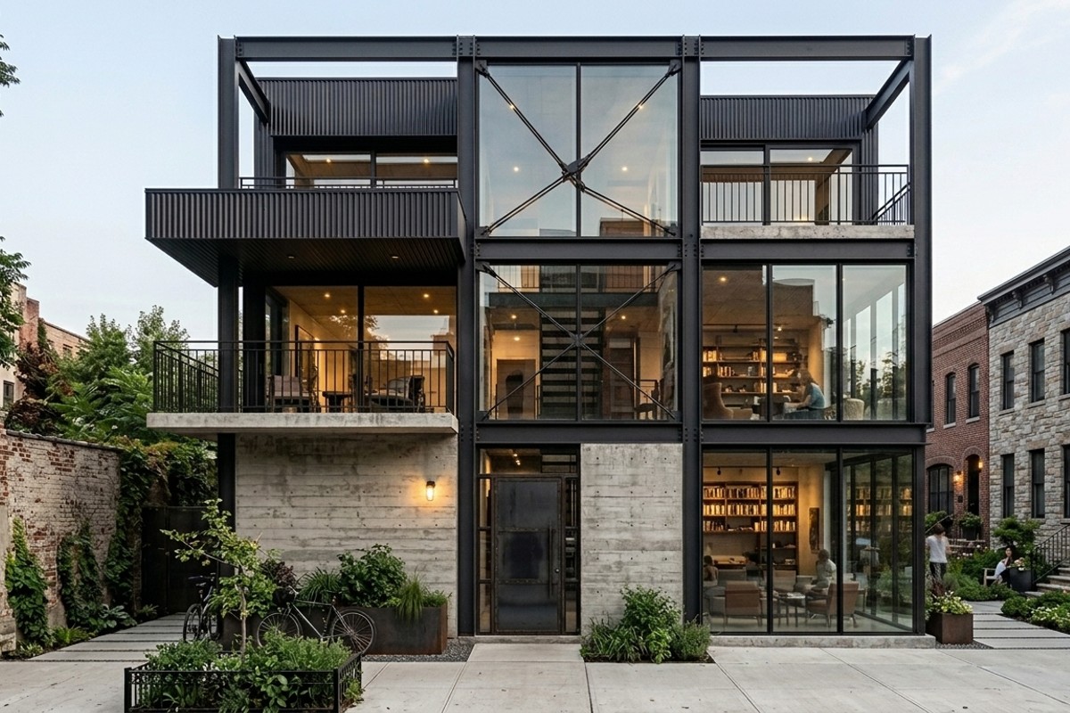 Industrial chic facade with exposed steel, concrete, glass, and dark metal frames.