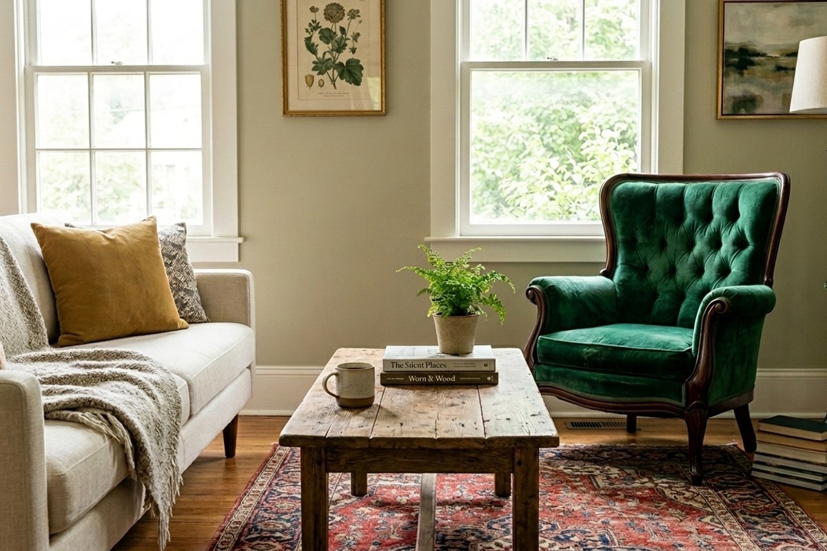 Emerald green velvet antique armchair paired with a rustic farmhouse coffee table and modern sofa, demonstrating heirloom integration.