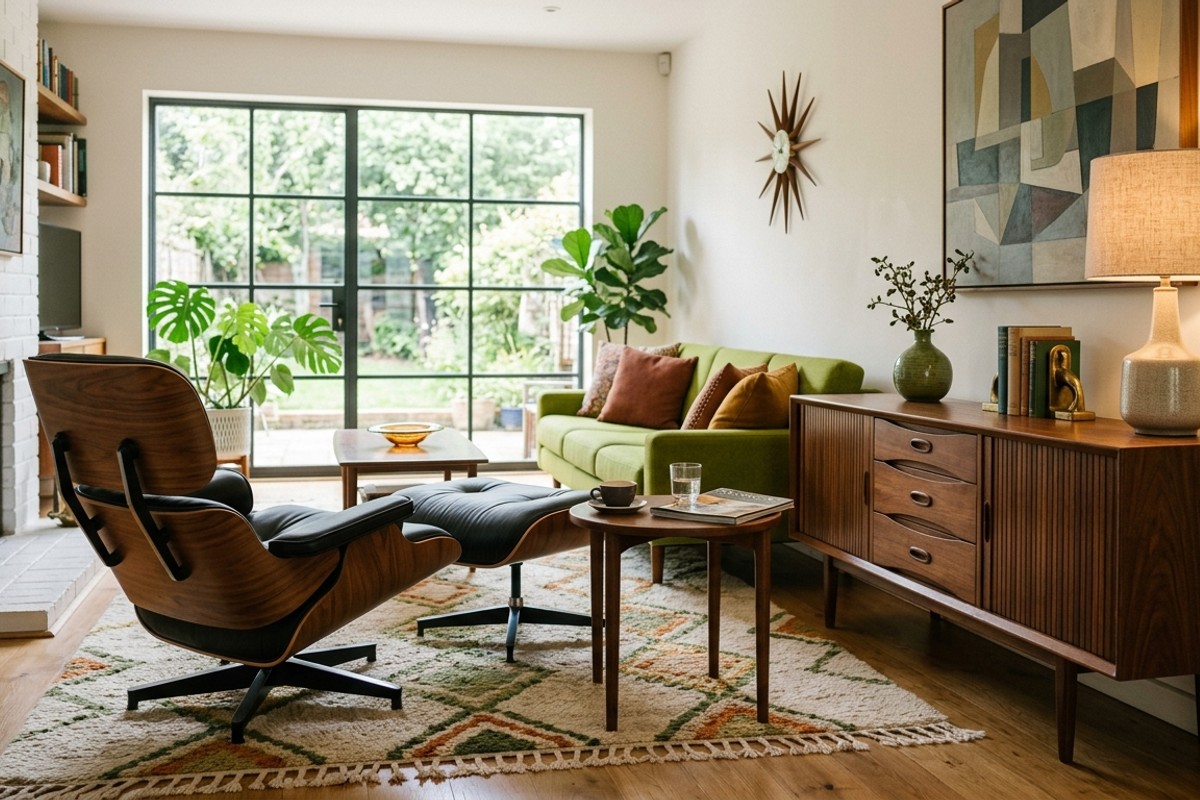 Mid-century modern living room with Eames lounge chair, Danish credenza, walnut wood, and avocado green accents.