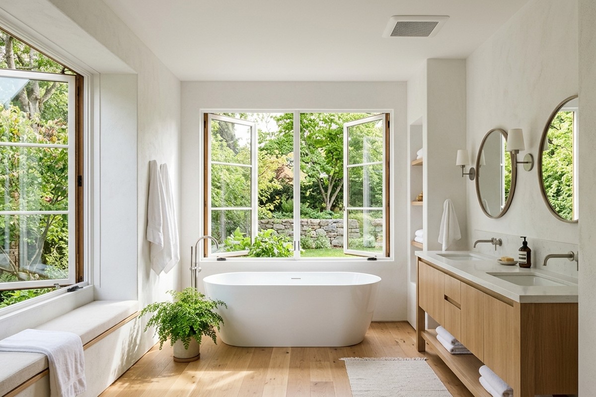 Bright bathroom with large operable windows for natural light and cross-ventilation