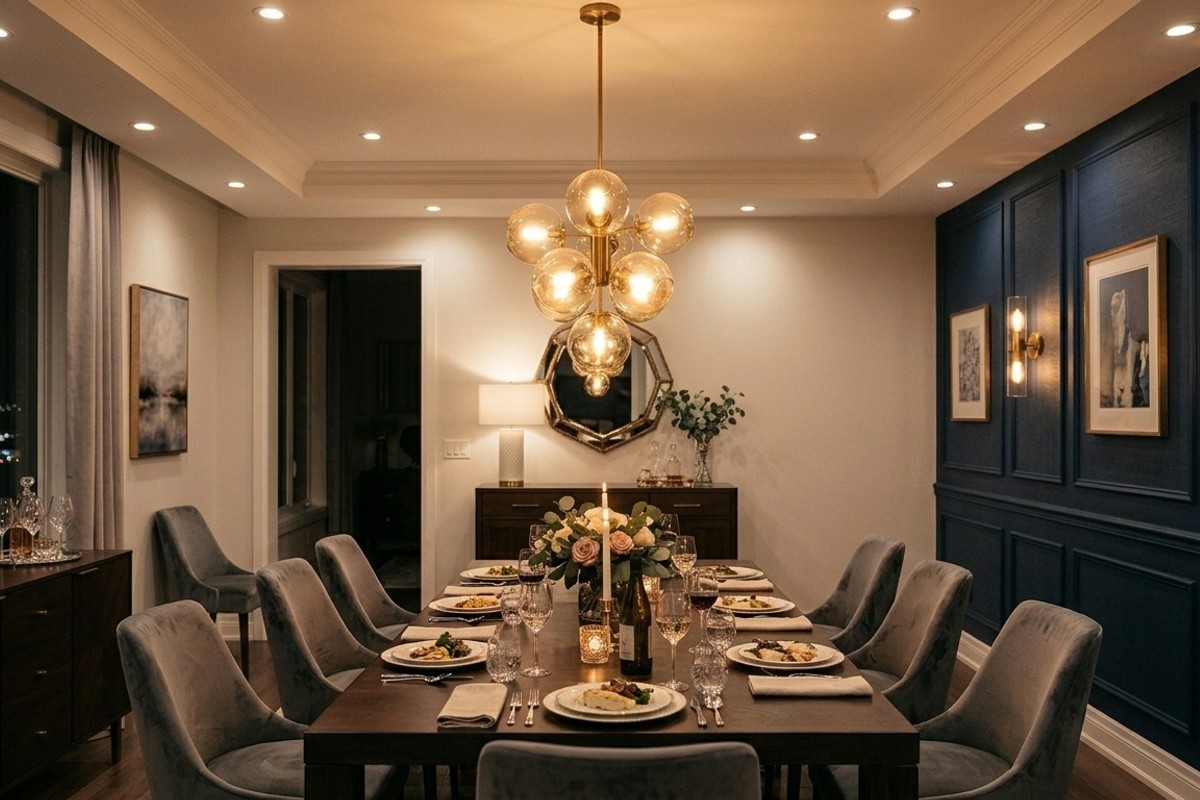 Dining room with dramatic pendant light, recessed lighting, and wall sconces, illustrating soft, warm illumination.
