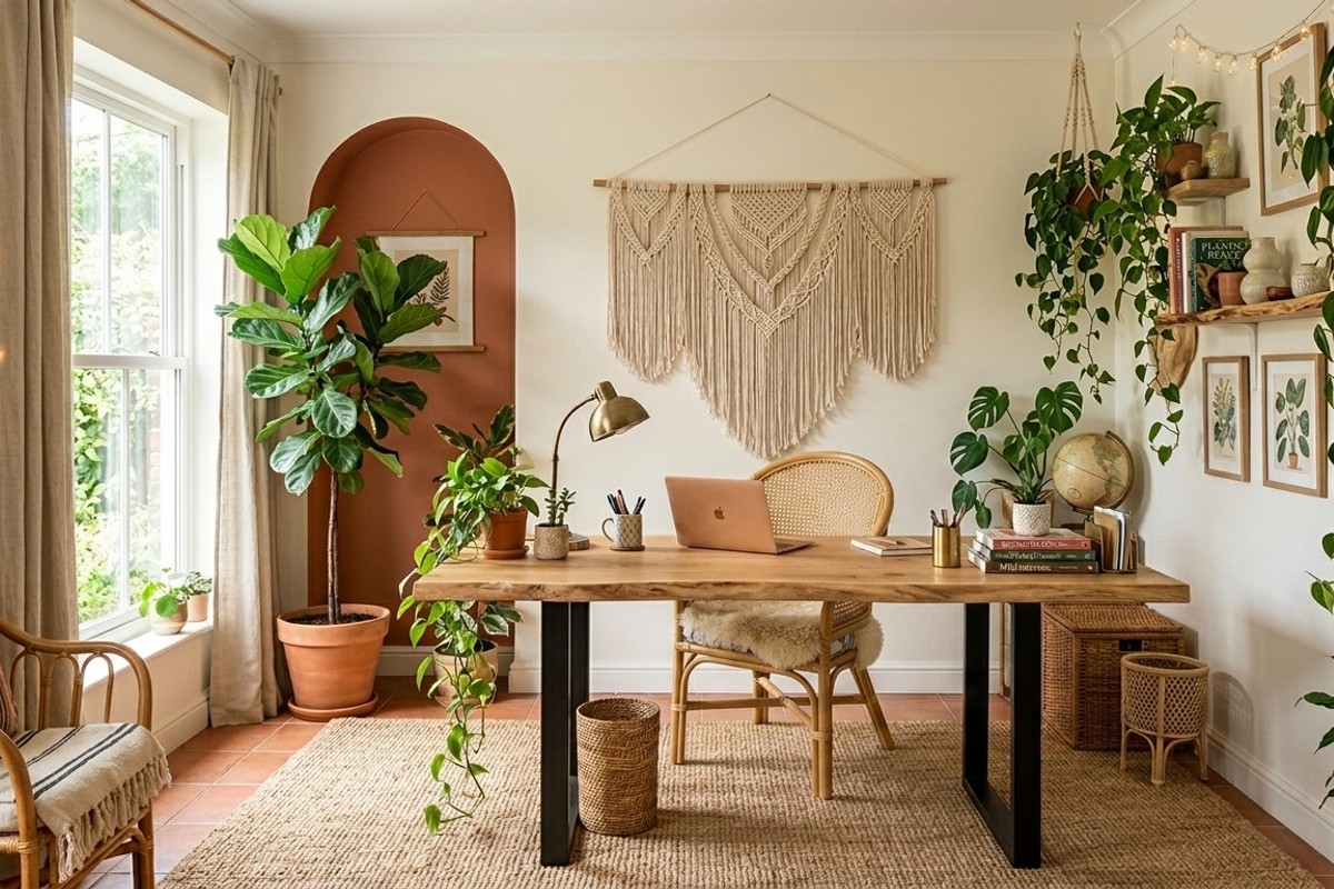 Bohemian Rhapsody home office with natural wood desk, rattan chairs, macrame, jute rug, and many plants