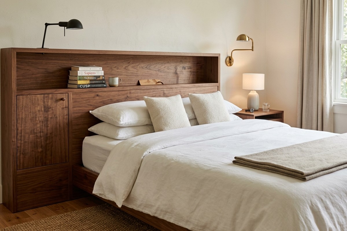 Warm walnut wood headboard with hidden storage compartments and recesses for books
