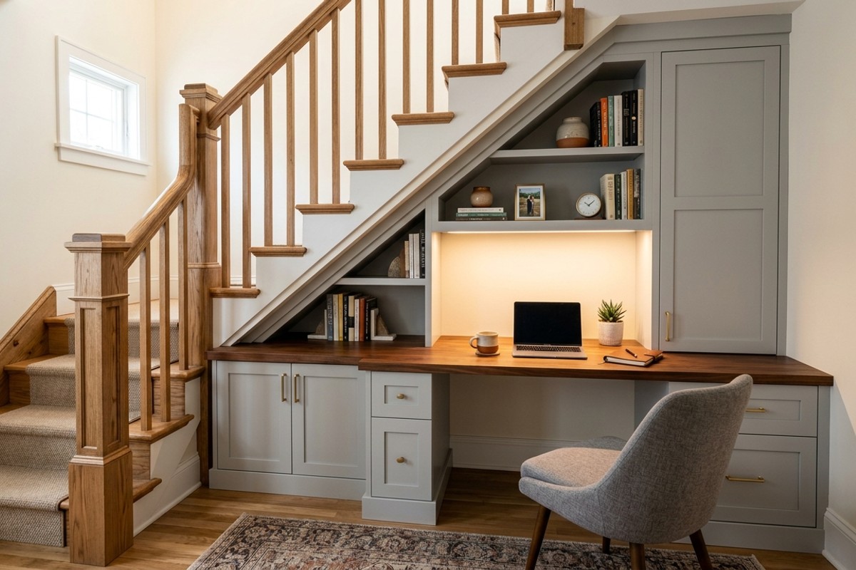 Under-stair home office with warm walnut desk, light grey cabinetry, and angled shelving.