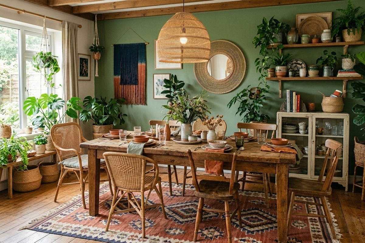 Boho eclectic dining room with Moroccan rug, earthy tones, and lush potted plants.