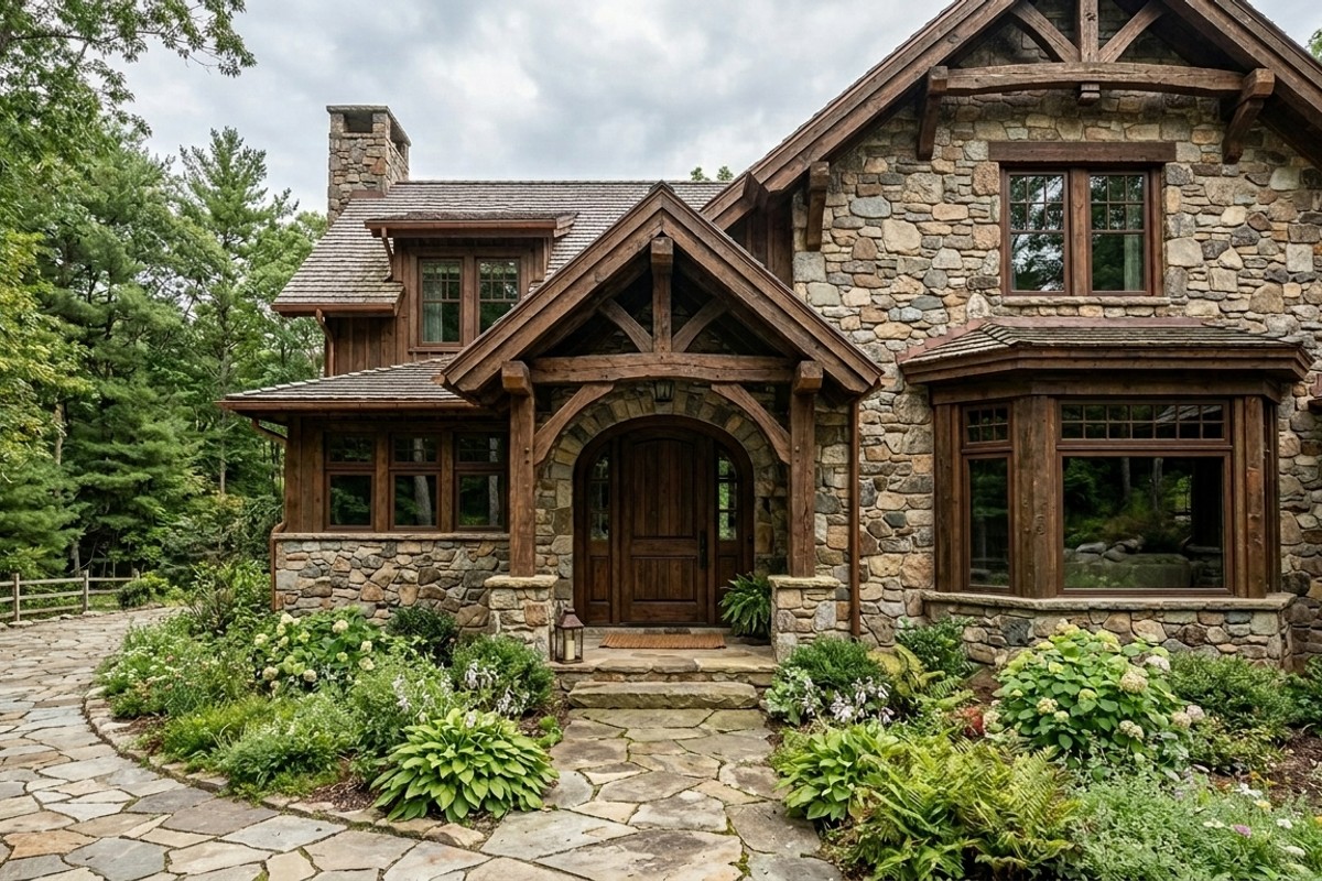 Rustic stone home exterior with irregular fieldstone cladding and heavy timber elements, highlighting the natural strength and texture of the facade.