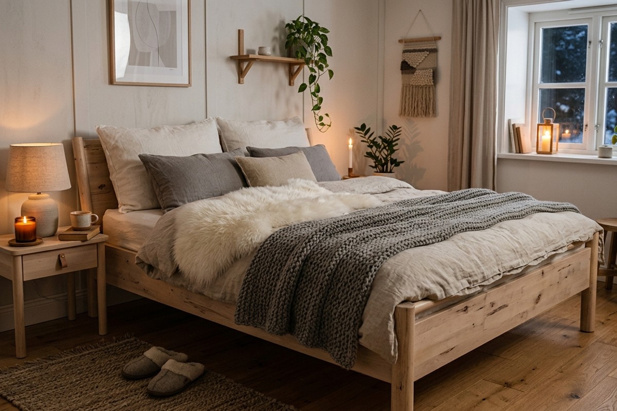 Scandinavian hygge serene bedroom with pale birch furniture, sheepskin throw, chunky knit blanket, and warm candlelight.