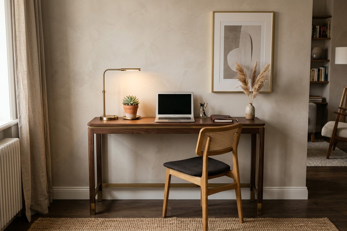 Chic console table with brushed brass finish used as a desk, with a slim chair, lamp, and plant.