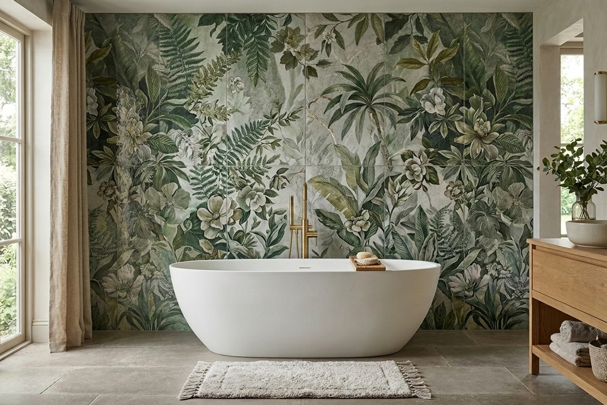 Bathroom with verdant artistry statement tiles featuring an oversized floral pattern on a feature wall behind a freestanding tub.