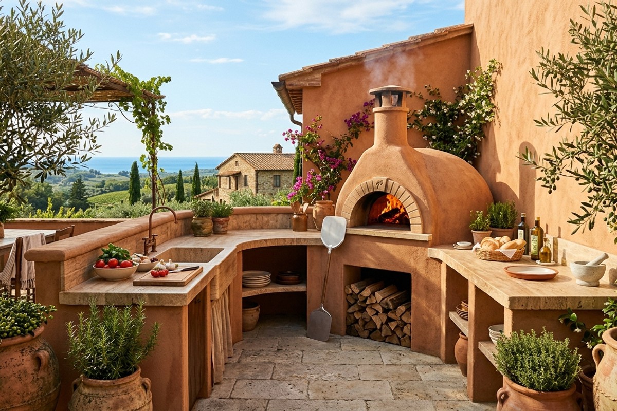 Mediterranean outdoor kitchen with terracotta walls, travertine countertops, a wood-fired pizza oven, and olive trees.