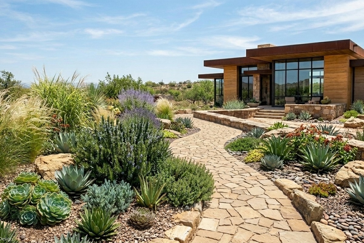 Xeriscaped garden with succulents, ornamental grasses, rosemary, thyme, gravel paths, and natural rocks for water efficiency.