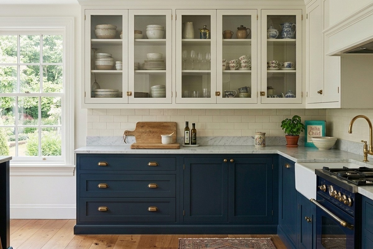 Kitchen with glass-front Chantilly Lace upper cabinets and Hale Navy solid lower cabinets.