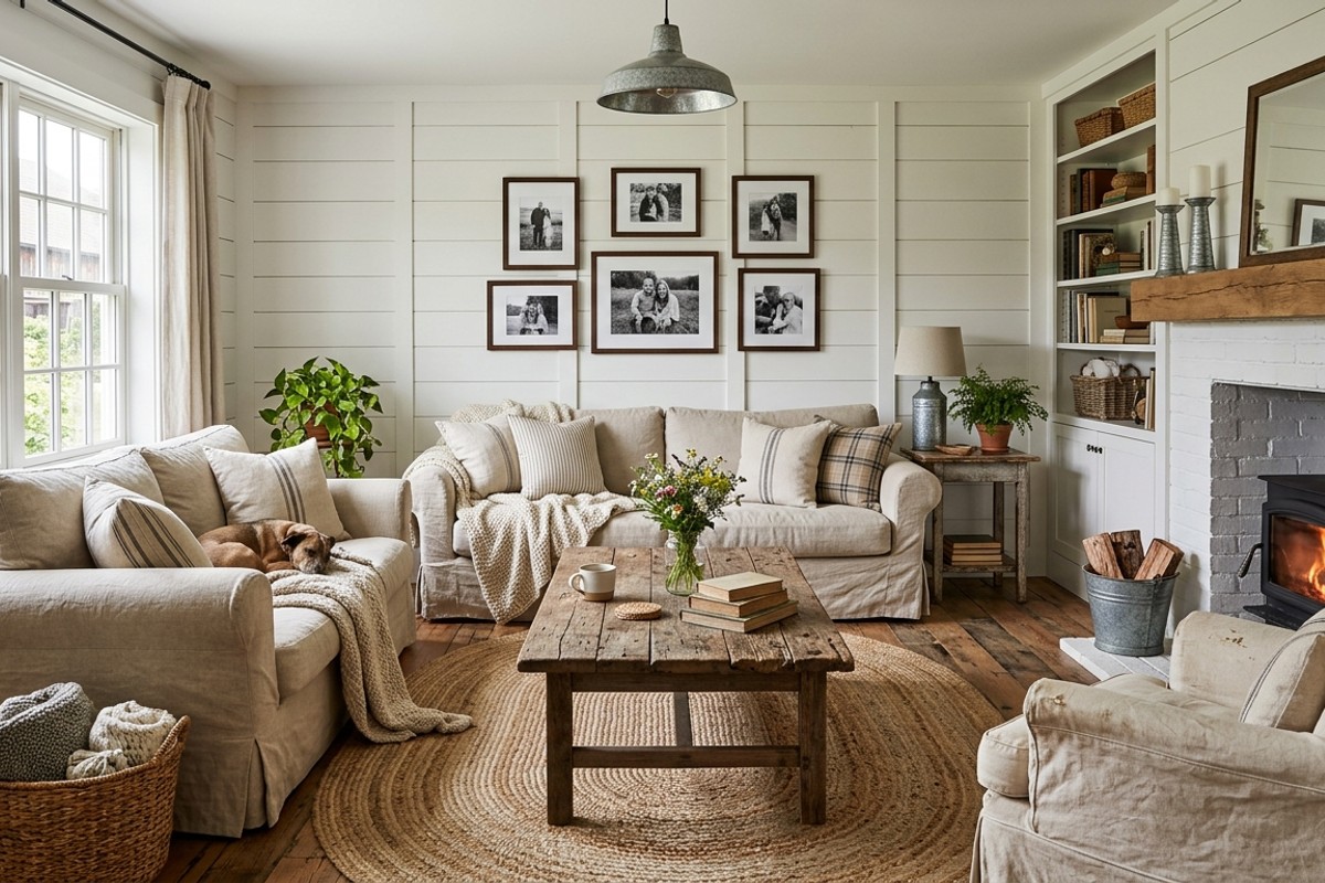 Classic farmhouse living room with slipcovered sofa, reclaimed wood coffee table, shiplap walls, and braided rug.