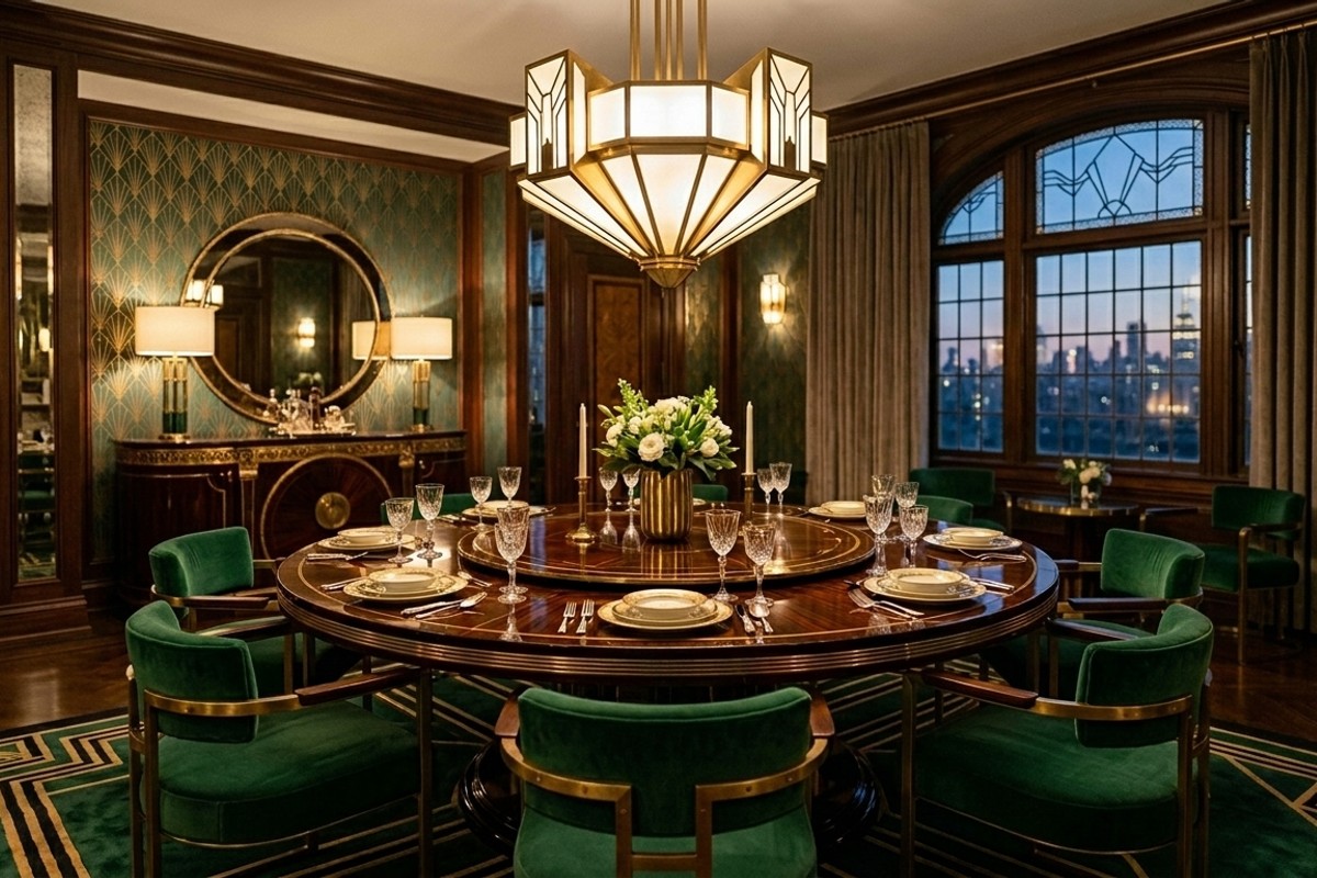 Art Deco dining room with dark, high-gloss circular table, emerald green velvet chairs, and brass accents.