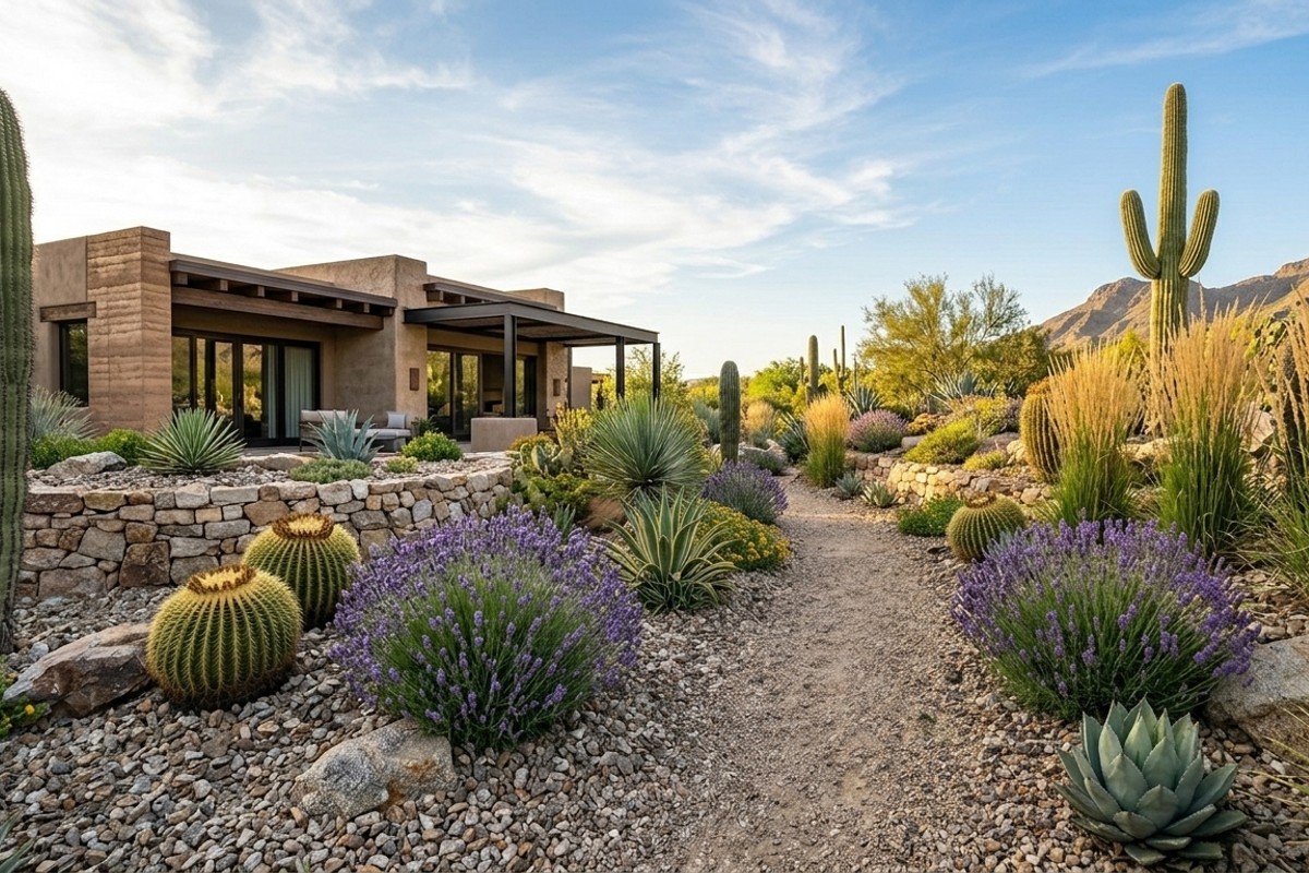 Xeriscaped desert garden with succulents, cacti, lavender, feather reed grass, and crushed gravel pathways.