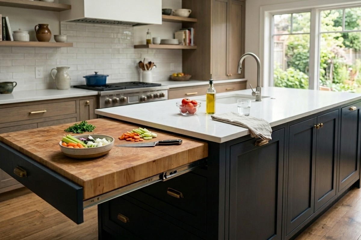 Kitchen island with a pull-out butcher block cutting board or retractable counter extension as a hidden prep zone.