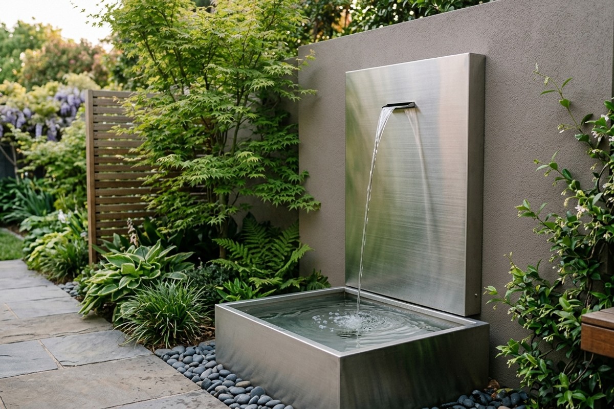 Wall-mounted brushed steel fountain in a small backyard