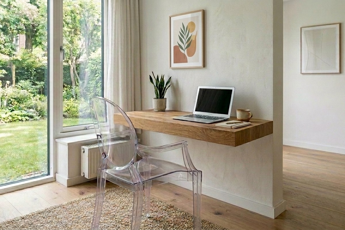 Minimalist floating desk shelf made of sleek white quartz or natural oak, with a transparent acrylic chair.