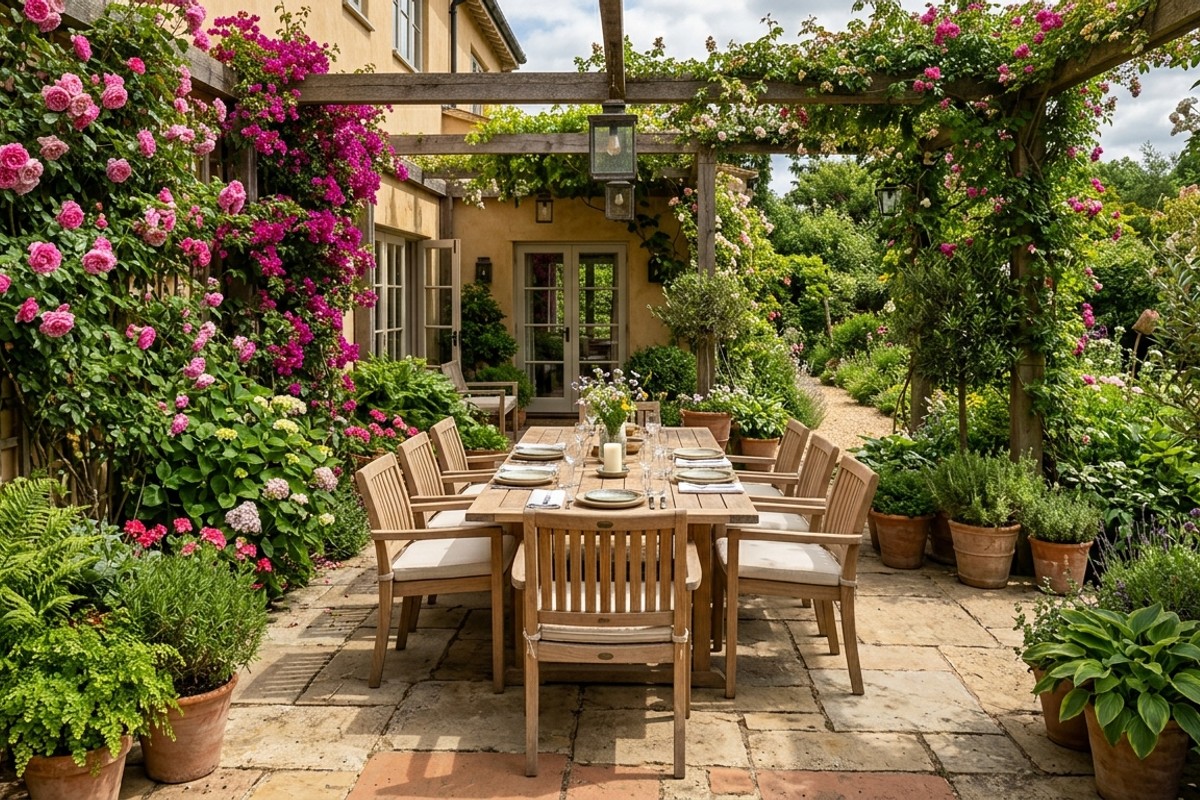 Lush garden dining patio with teak table, climbing roses, bougainvillea, and potted ferns