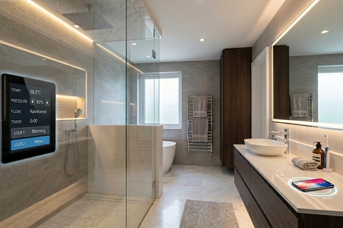 High-tech bathroom with digital shower controls and integrated charging stations