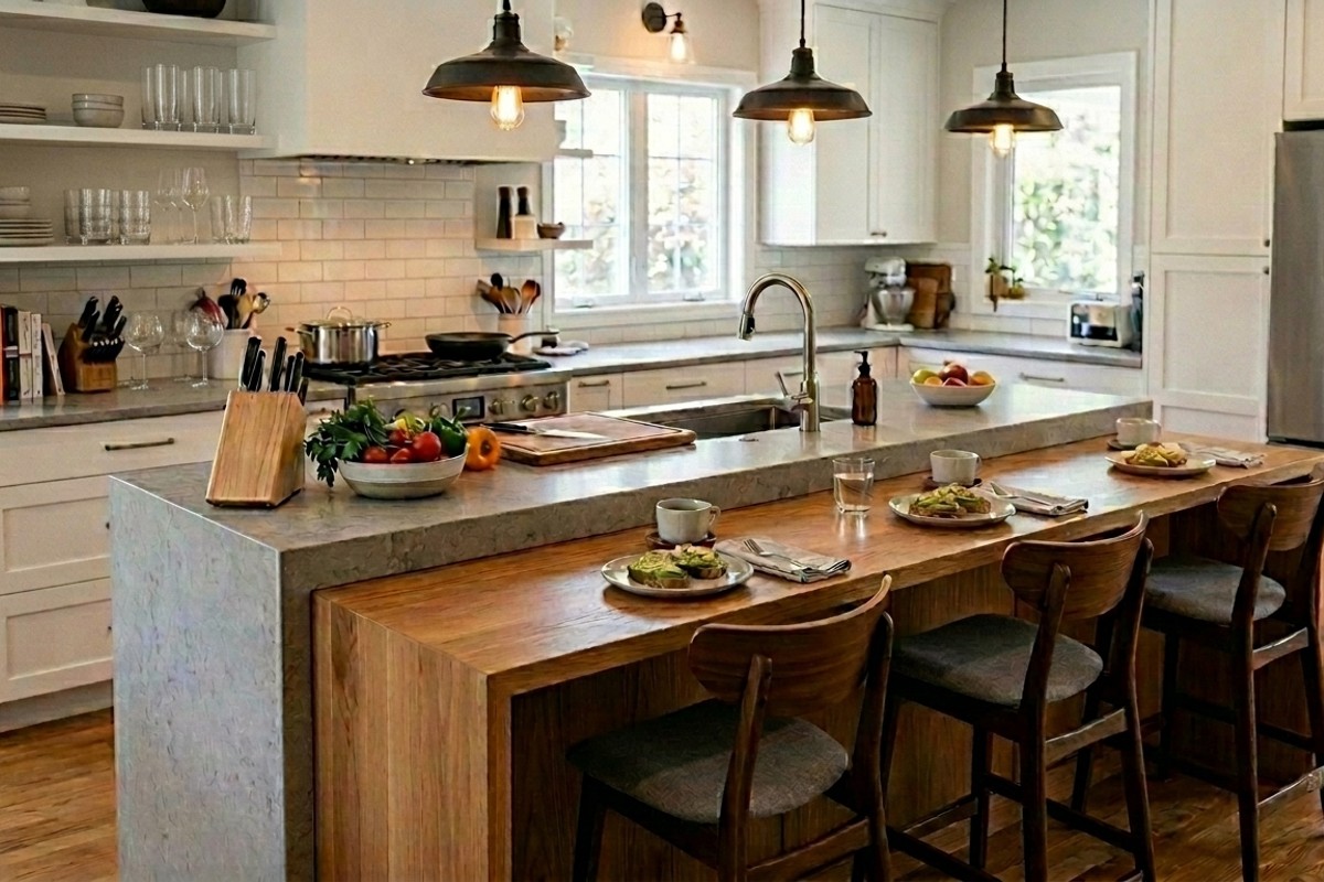 Multi-tiered kitchen island with a lower dining surface extending from a taller work zone, made with contrasting materials.