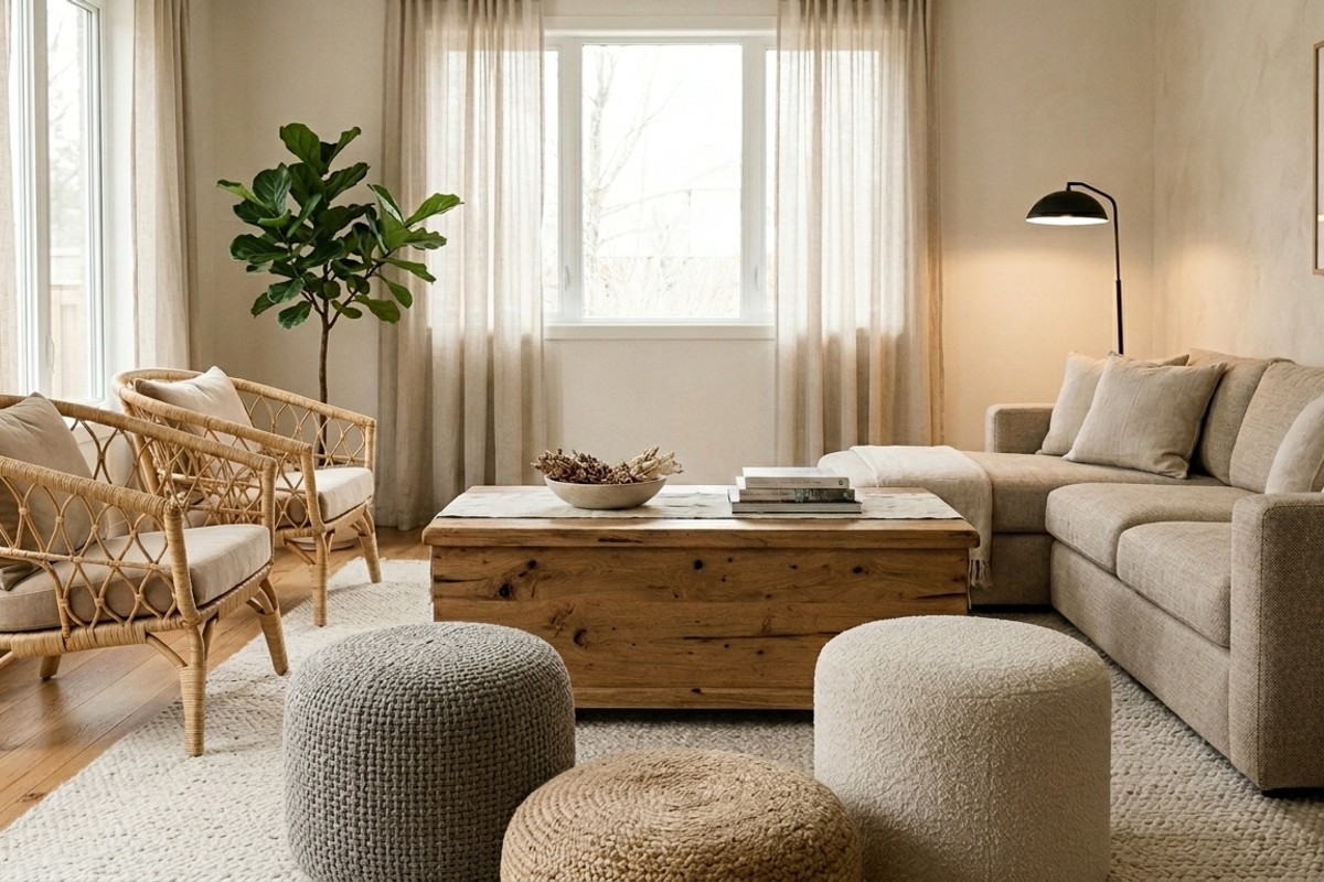 Living room with flexible furniture, including a storage bench, poufs, and movable rattan armchairs