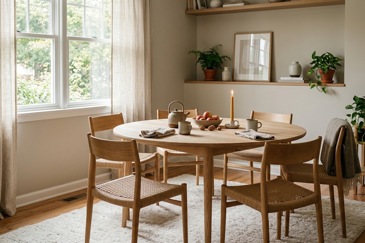 Scandinavian dining room with ash wood table, paper cord chairs, greige walls, and linen curtains.