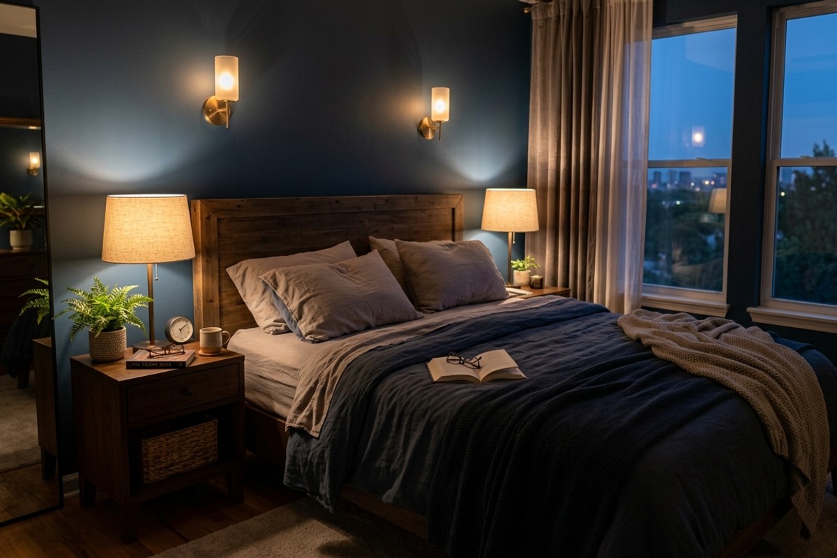 Bedroom with soft, warm, dimmable bedside lamps and ambient wall sconces for relaxation.
