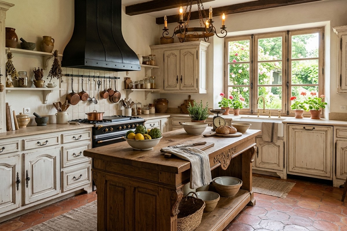 French Country kitchen with distressed cabinets, wrought iron, terra cotta tiles, and ornate island