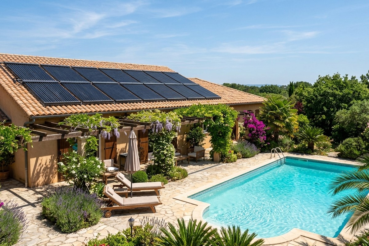 Swimming pool with solar heating collectors visible on a house roof, illustrating energy-efficient water warming.