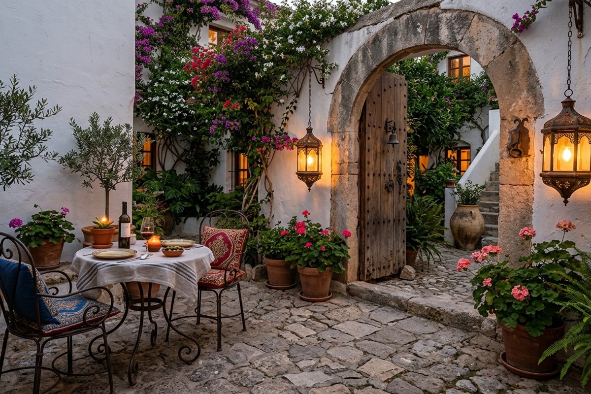 Mediterranean courtyard entry with small iron table and chairs, illuminated by ornate lanterns.