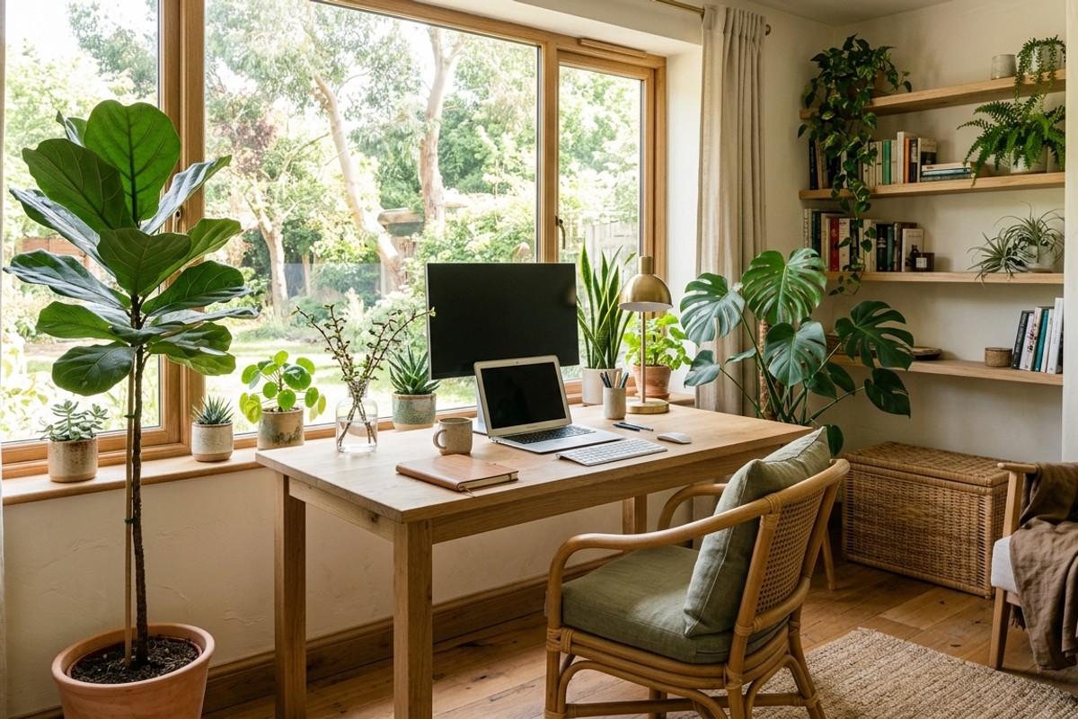 Biophilic home office with natural light, numerous houseplants, raw wood, rattan, and linen decor in earthy tones.