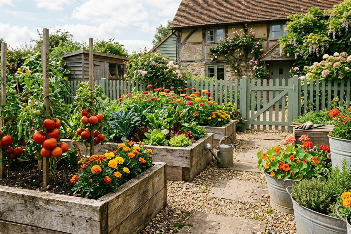 Rustic farmhouse cottage garden with raised beds of vegetables, marigolds, galvanized tubs, and a sage green picket fence.