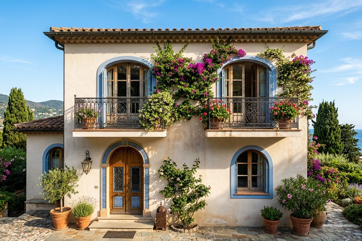Mediterranean villa facade with off-white stucco, terracotta roof, arched windows, and ironwork.