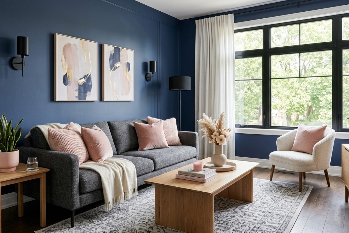 Living room showcasing a signature color story with deep indigo walls and soft blush pink accents in pillows and decor.