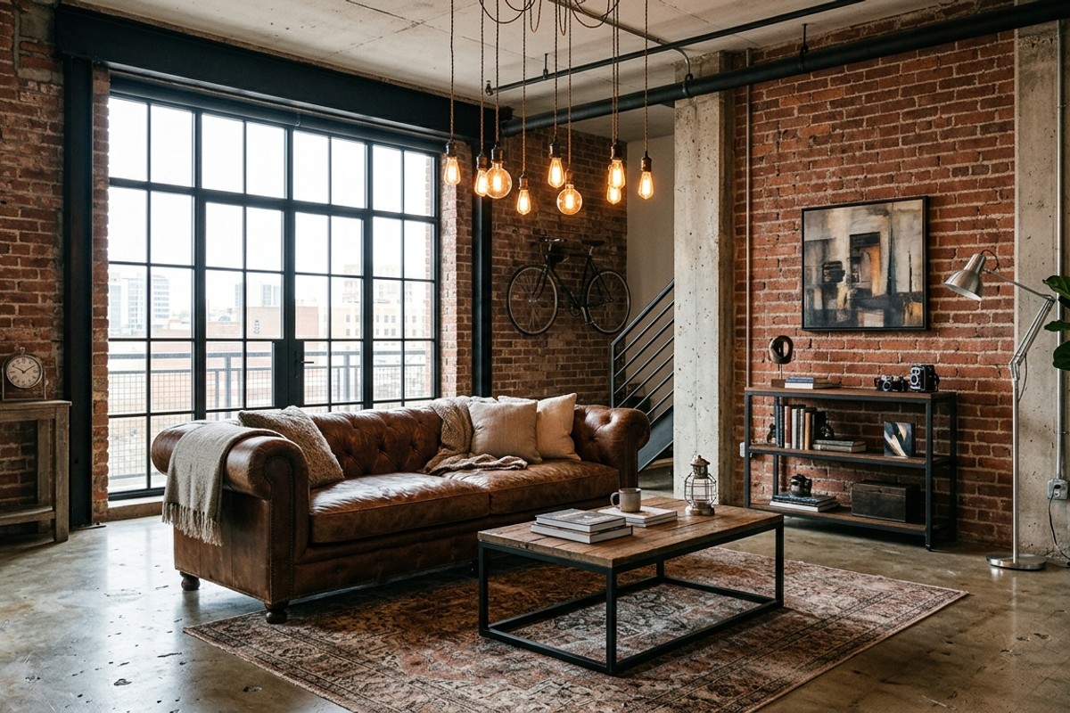 Industrial chic living room with exposed brick, concrete floor, metal accents, and a plush leather sofa.