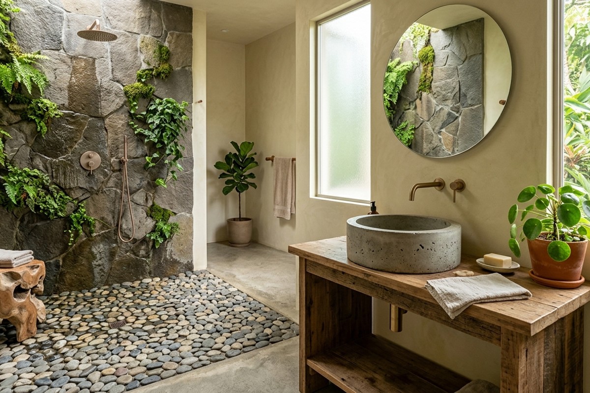 Biophilic bathroom with river stone pebble shower flooring and raw concrete basin